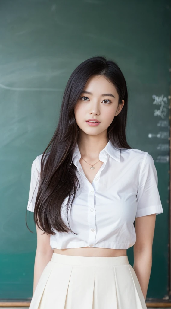 (Highly detailed CG Unity 8k wallpaper)、(masterpiece)、(Highest quality)、(Super detailed)、(Best illustrations)、(Best Shadow)、Ultra-high resolution、(Real、Photorealistic:1.2)、(student teacher:1.4)、Messy medium cut hair、(Slim body:1.2)、(Large Breasts:1.4)、(A neat white shirt and a tight skirt:1.4)、((Stand in front of the blackboard:1.4))、(School classroom:1.4)、(Cute Necklace:1.2)、Puffy eyes、Close-up、Cloudy soft light、(Upper Body:1.4)