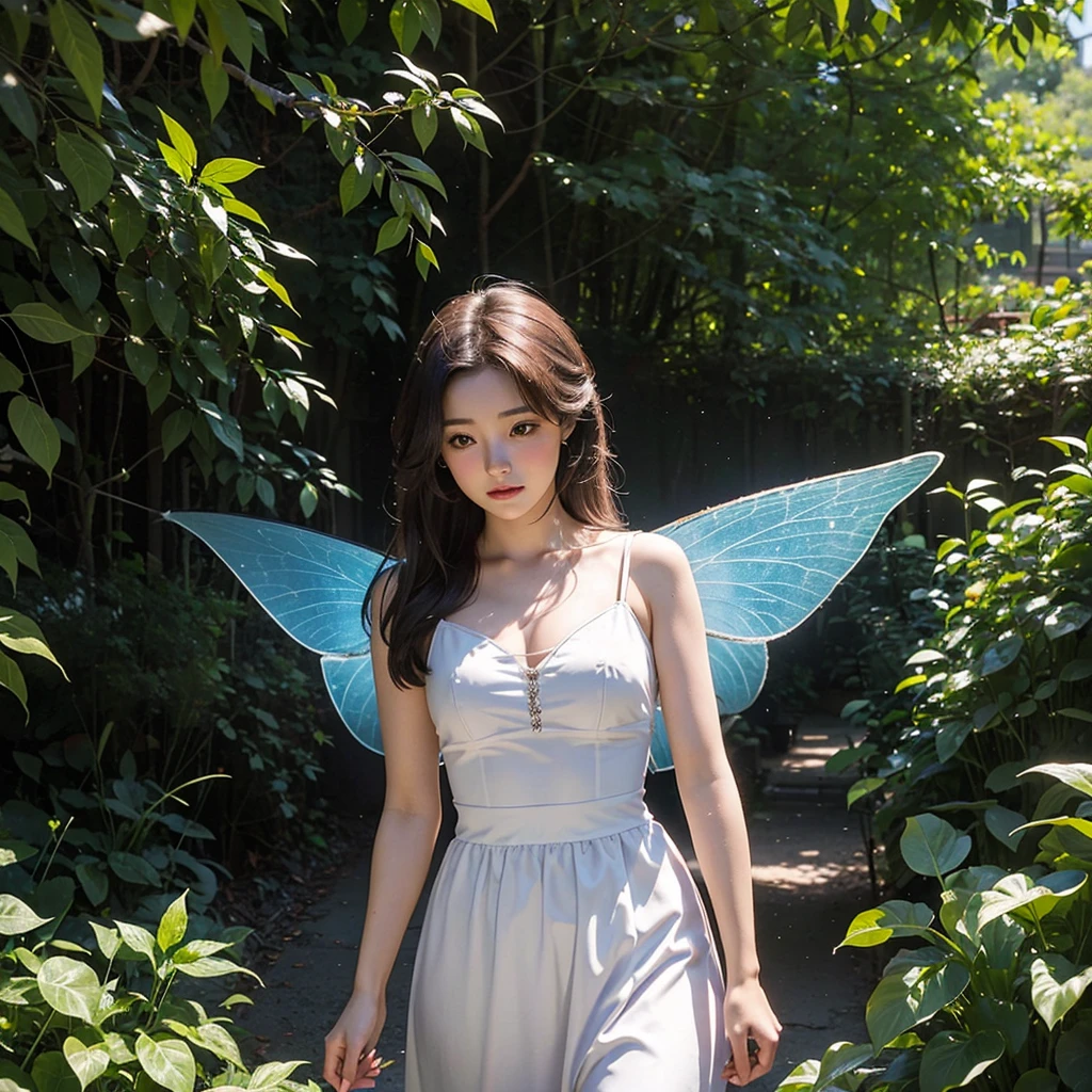 a man hugged tightly from behind the beautiful woman in front of him, they are 25 years old,  romantic atmosphere, The little fairy near them flew away leaving a trail of light behind her, 