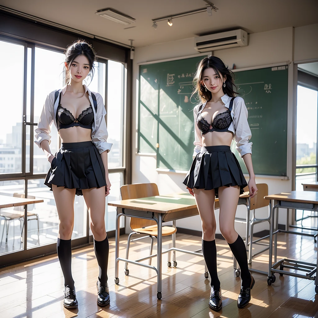 Absurd, RAW Photos, Very delicate and beautiful, masterpiece, Highest quality, Ultra-high resolution, 32k, Surreal, Very detailed, 20th Generation, very slim figure, Tight waist, very small head, Very small face, Delicate facial features, Tearful mole, Earrings, Very big round breasts, ((Full Body Shot)), Medium Hair, Black Hair, ((School_uniform)), ((classroom)),smile
((((Panties and bra are visible))))

