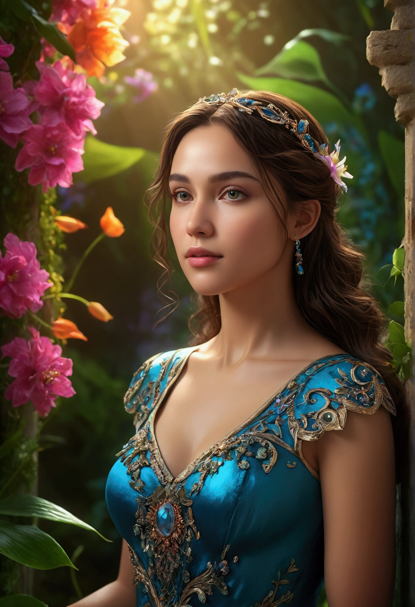 a beautiful woman in a mystical garden, realistic, highly detailed, vibrant colors, cinematic lighting, intricate details, dreamlike, ethereal atmosphere, fantasy, (best quality,4k,8k,highres,masterpiece:1.2),ultra-detailed,(realistic,photorealistic,photo-realistic:1.37),HDR,UHD,studio lighting,ultra-fine painting,sharp focus,physically-based rendering,extreme detail description,professional,vivid colors,bokeh,concept art