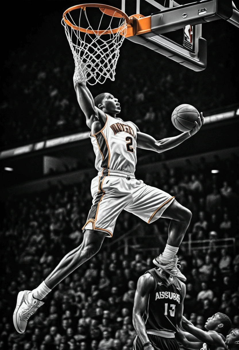 (Game-Winning Dunk), powerful, Capture the ethereal light and shadow in a stunning photograph with selective color details, revealing the hidden poetry of (glowing objects), full body, award-winning, cinematic still, emotional, vignette, dynamic, vivid, (masterpiece, best quality, Professional, perfect composition, very aesthetic, absurdres, ultra-detailed, intricate details:1.3)