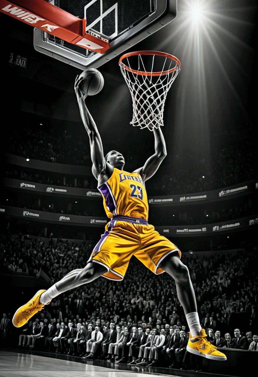 (Game-Winning Dunk, basketball hoop), Capture the ethereal light and shadow in a stunning photograph with selective color details, revealing the hidden poetry of (glowing objects), full body, award-winning, cinematic still, emotional, vignette, dynamic, vivid, (masterpiece, best quality, Professional, perfect composition, very aesthetic, absurdres, ultra-detailed, intricate details:1.3)