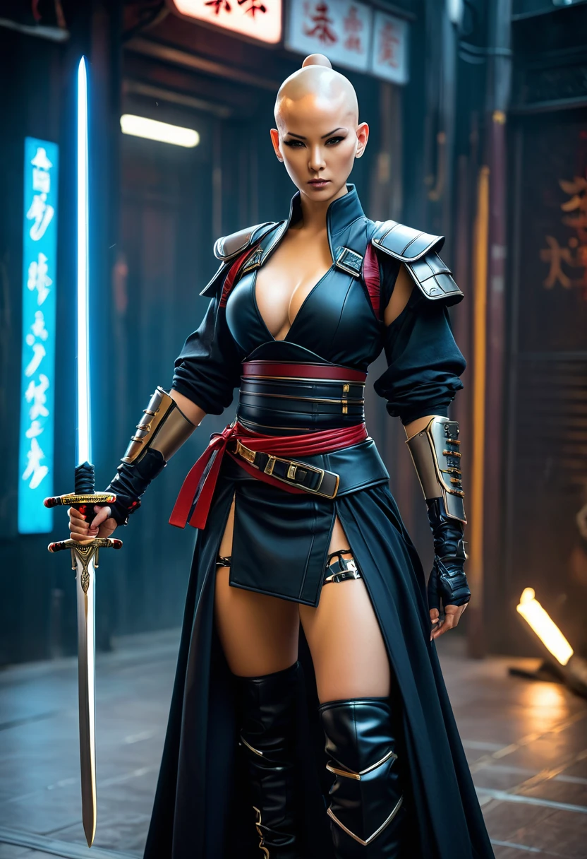 Samurai sword，sh4g0d style cyberpunk female warrior，bald，monk,bushido,gown