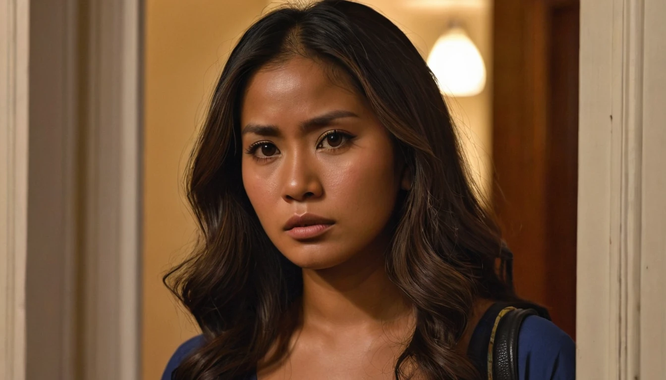 Generate a photo-realistic, medium shot of a brown-skinned Hispanic-Latin-Filipina woman, age 27, with a sorrowful, sad expression. Her appearance is average, featuring dark, tanned skin and long, thick hair that falls to her waist. She is wearing a simple, casual skirt and stands in the doorway of a Philippine condo apartment during twilight. In the background, there is a glimpse of a male Filipino security guard and a piece of carry-on luggage, enhancing the scene's narrative. The photography should have a bokeh background, emphasizing the 2.8 aperture depth of field, focusing intently on her expressive face and detailed hair.