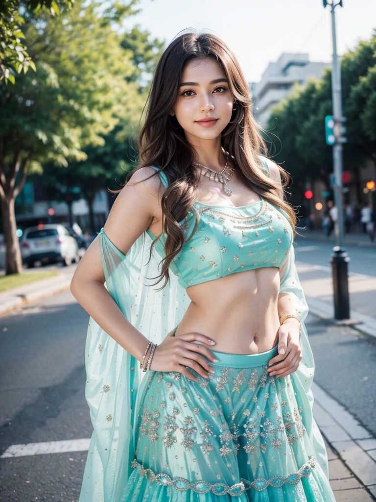 (((young 25 aged girl))), 25 years girl, cute and pretty face, natural skin, charming black hair, ((hair ends are blonde)), city streets background,(wearing simple jewellery), Super Round huge large Breast, huge large round ass,huge large bubble butt, Pretty cute Navel, Soft Ovel Navel, Detailed pretty Navel, Navel Jewellery, Slender girl, bright light, long_hair, Bokeh, tree branch, colourfull, Glitter Seafoam color princess dress((choli:1.2,lehenga:1.2,dupatta:1.2), smile, pretty, cute, 4k, 8k, CG unity 8k wallpaper, depth of field, ray tracing, perfect figure, sweet round huge large breasts, romantic Eyes, Romantic smile, Romantic Standing Angle, stylish curved angle, (one hand on hip another hand is playing with hair angle), Bright skin, glow face, glow skin,