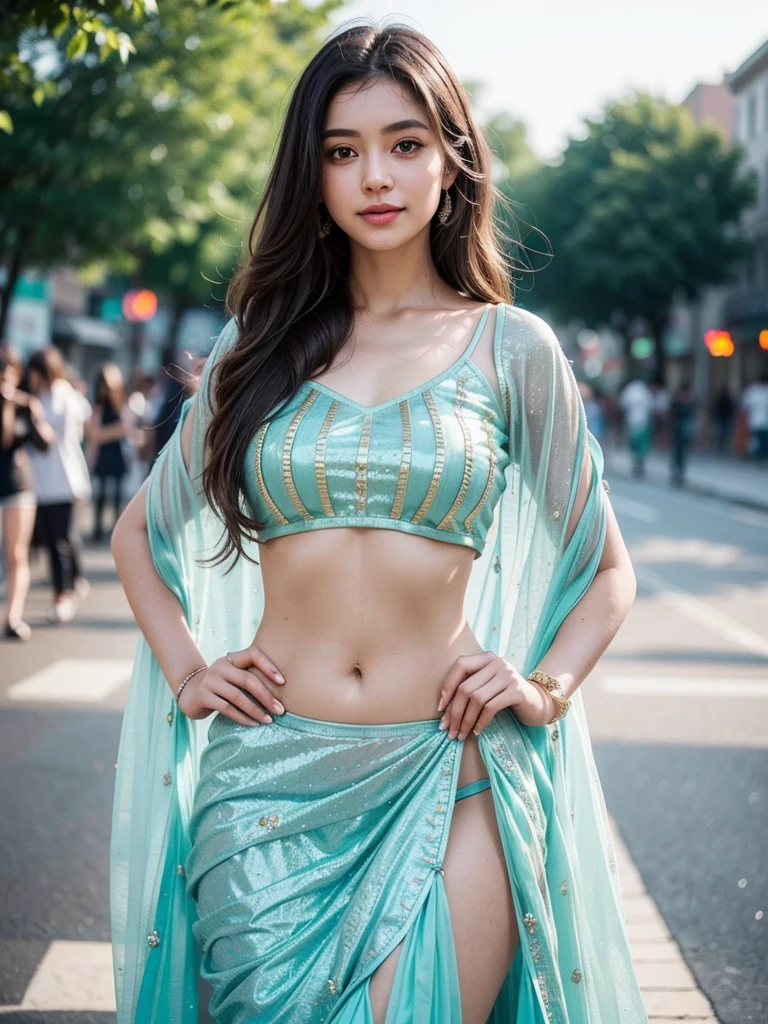 (((young 25 aged girl))), 25 years girl, cute and pretty face, natural skin, charming black hair, ((hair ends are blonde)), city streets background,(wearing simple jewellery), Super Round huge large Breast, huge large round ass，huge large bubble butt, Pretty cute Navel, Soft Ovel Navel, Detailed pretty Navel, Navel Jewellery, Slender girl, bright light, long_hair, Bokeh, tree branch, colourfull, Glitter Seafoam color princess dress((choli:1.2,lehenga:1.2,dupatta:1.2), smile, pretty, cute, 4k, 8k, CG unity 8k wallpaper, depth of field, ray tracing, perfect figure, sweet round huge large breasts, romantic Eyes, Romantic smile, Romantic Standing Angle, stylish curved angle, (one hand on hip another hand is playing with hair angle), Bright skin, glow face, glow skin, 