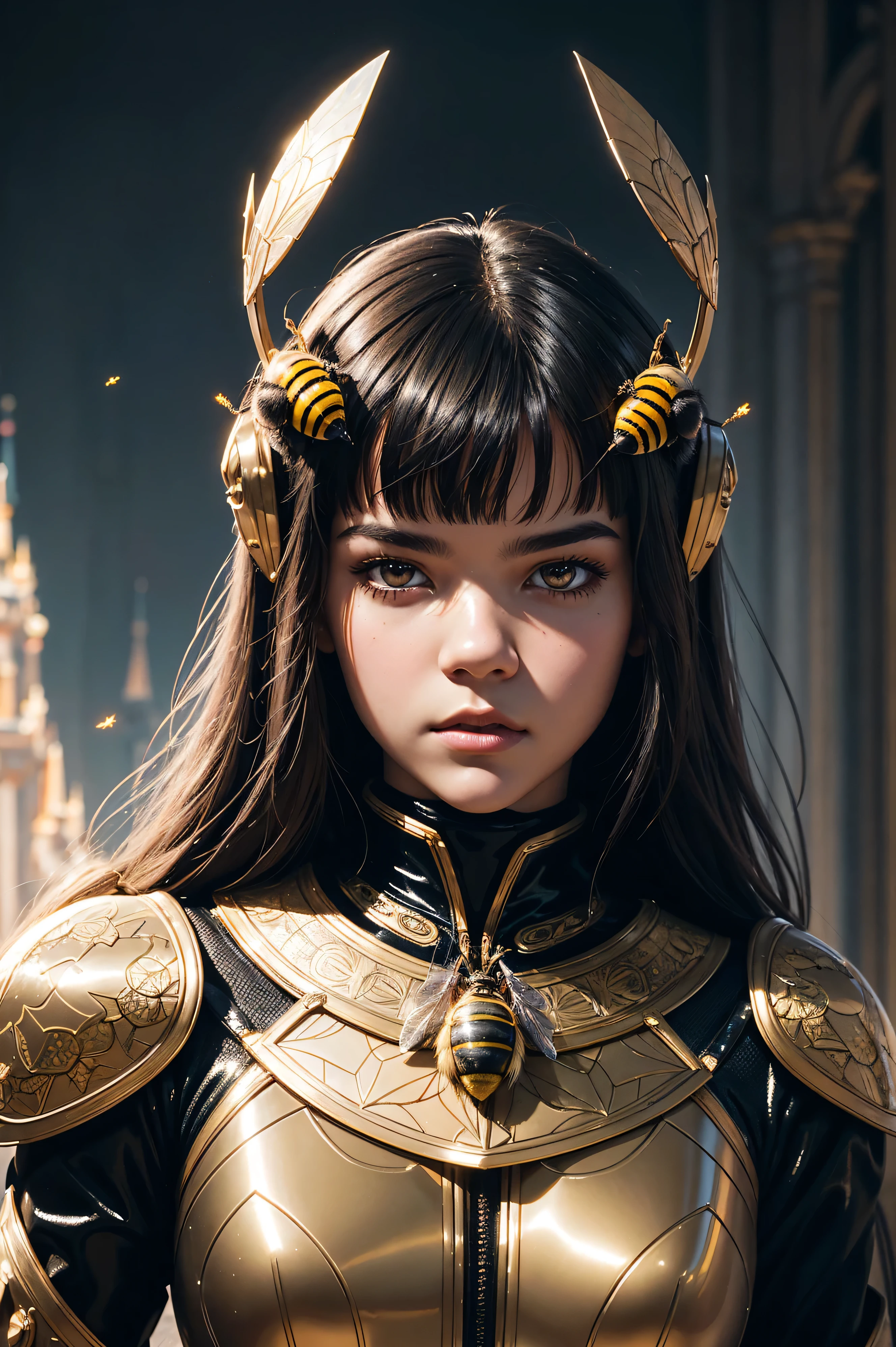 36k, portrait Maia Mitchell, wearing bee latex metalic costume, against the background of Disney Castle, character portrait, 8 9 9 0 s, long hair, intricate, elegant, highly detailed, digital painting, artstation, concept art, smooth, sharp focus, illustration, art by wlop, charlie bowater and alexandra fomina
