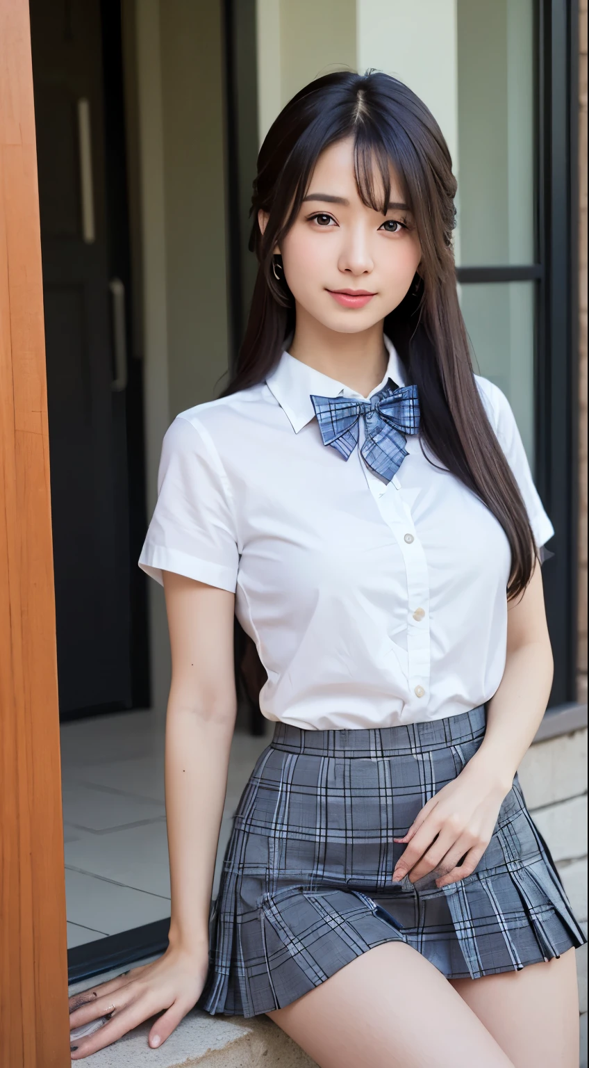 (masterpiece:1.2, top-quality), (realistic, photorealistic:1.4), beautiful illustration,
looking at viewer, full body, front view:0.6,
1 girl, japanese, high school girl, (long hair:1.5), blown hair, (half up, half updo), bangs, hair between eye, large breasts:0.8,
beautiful hair, beautiful face, beautiful detailed eyes, beautiful clavicle, beautiful body, beautiful chest, beautiful thigh, beautiful legs, beautiful fingers,
(beautiful scenery), , school,
((collared short sleeve shirt, white shirt, , grey plaid pleated skirt, blue plaid bow tie)), white panties,
(standing, , lift up skirt, grab the hem of the skirt, hands on chest, hand between legs),
blush, ,