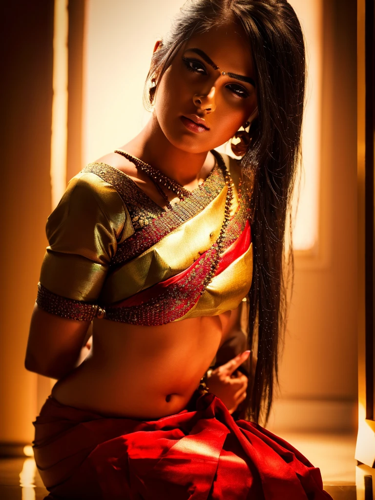 beautiful detailed eyes, beautiful detailed lips, extremely detailed face, 1girl, wearing saree, wearing jewellery, sitting on chair, intricate saree patterns, shiny jewelry, expressive facial features, cinematic lighting, dramatic pose, hyper realistic, 8k, highres, masterpiece, photorealistic