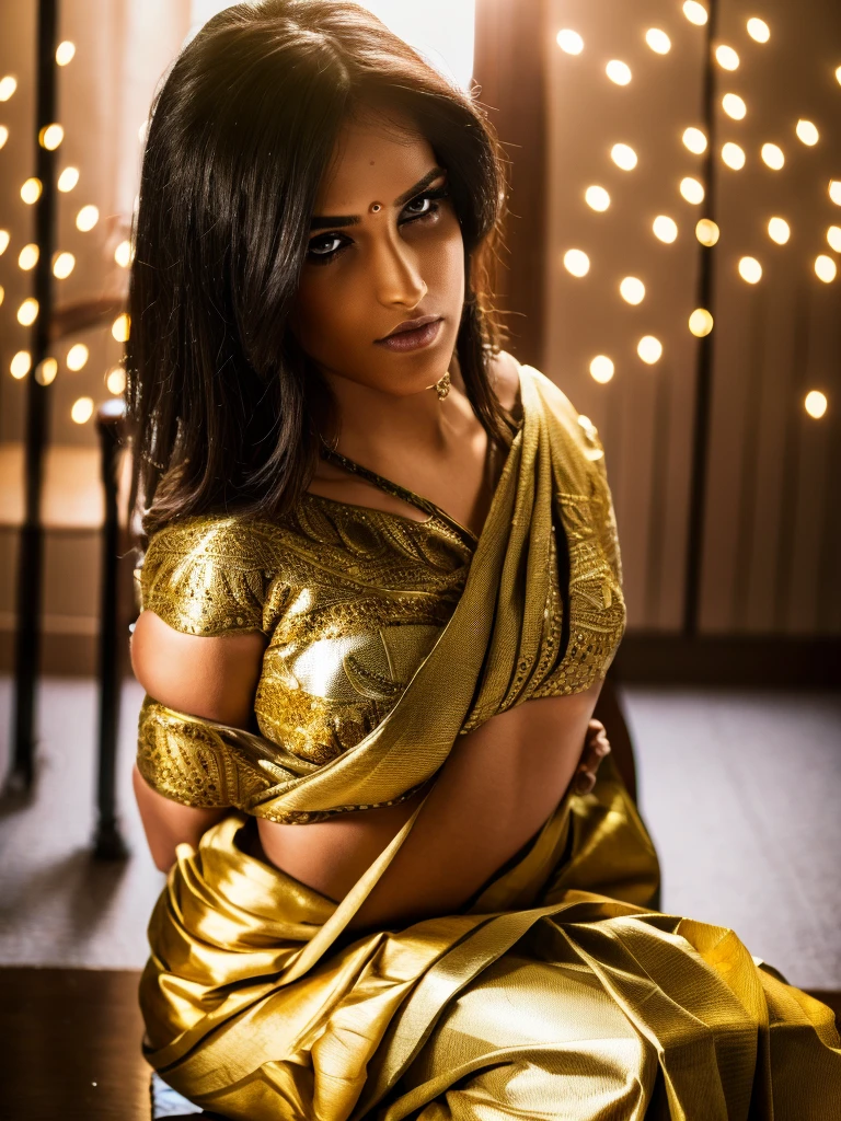 beautiful detailed eyes, beautiful detailed lips, extremely detailed face, 1girl, wearing saree, wearing jewellery, sitting on chair, intricate saree patterns, shiny jewelry, expressive facial features, cinematic lighting, dramatic pose, hyper realistic, 8k, highres, masterpiece, photorealistic