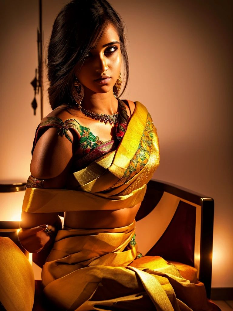 beautiful detailed eyes, beautiful detailed lips, extremely detailed face, 1girl, wearing saree, wearing jewellery, sitting on chair, intricate saree patterns, shiny jewelry, expressive facial features, cinematic lighting, dramatic pose, hyper realistic, 8k, highres, masterpiece, photorealistic