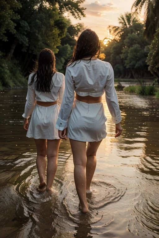 masterpiece,ultra detail,best quality,woman,sunset,river,walking in river,splashing water,holding two loafers bare foot