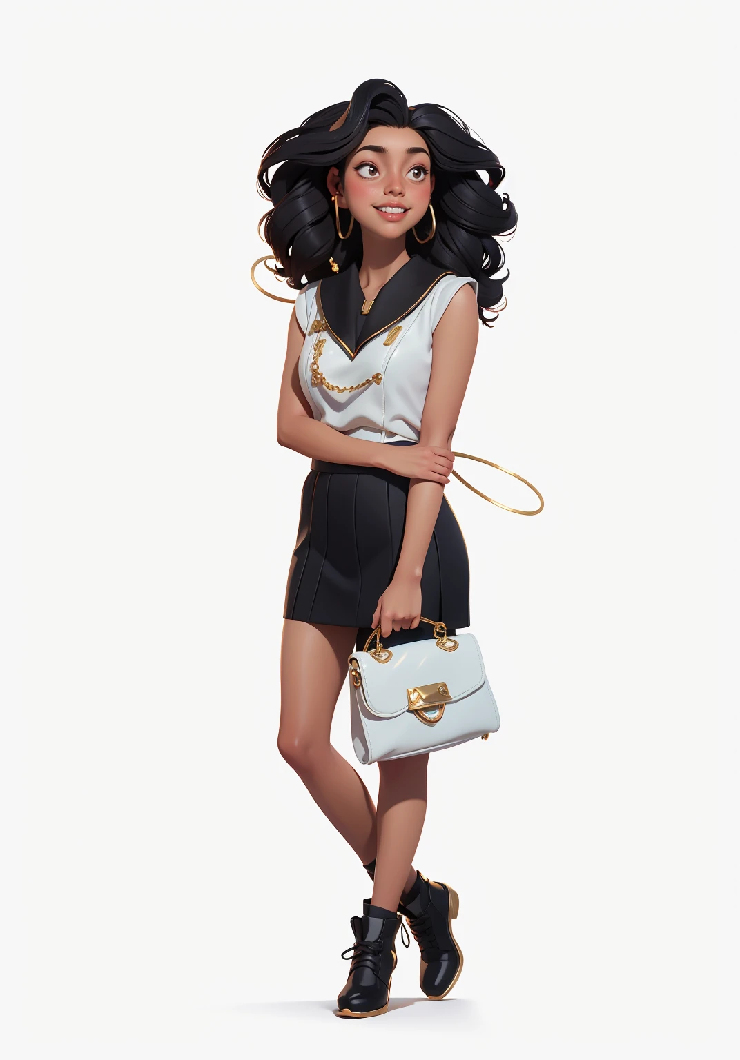 Young woman, ((headphones висят на шее)), afro hairstyle, afro, Black skirt, white mother, white handbag in hand, (headphones), beautiful textured long flowing hair, gold decoration, gold earrings, photorealistic, masterpiece, smiling, perfect faces, watercolor, Cinematic professional 8K photography with ray tracing, subsurface scattering and illumination, conceptual art, character illustration ,European and American cartoons, I look at the viewer, Красивая Young woman