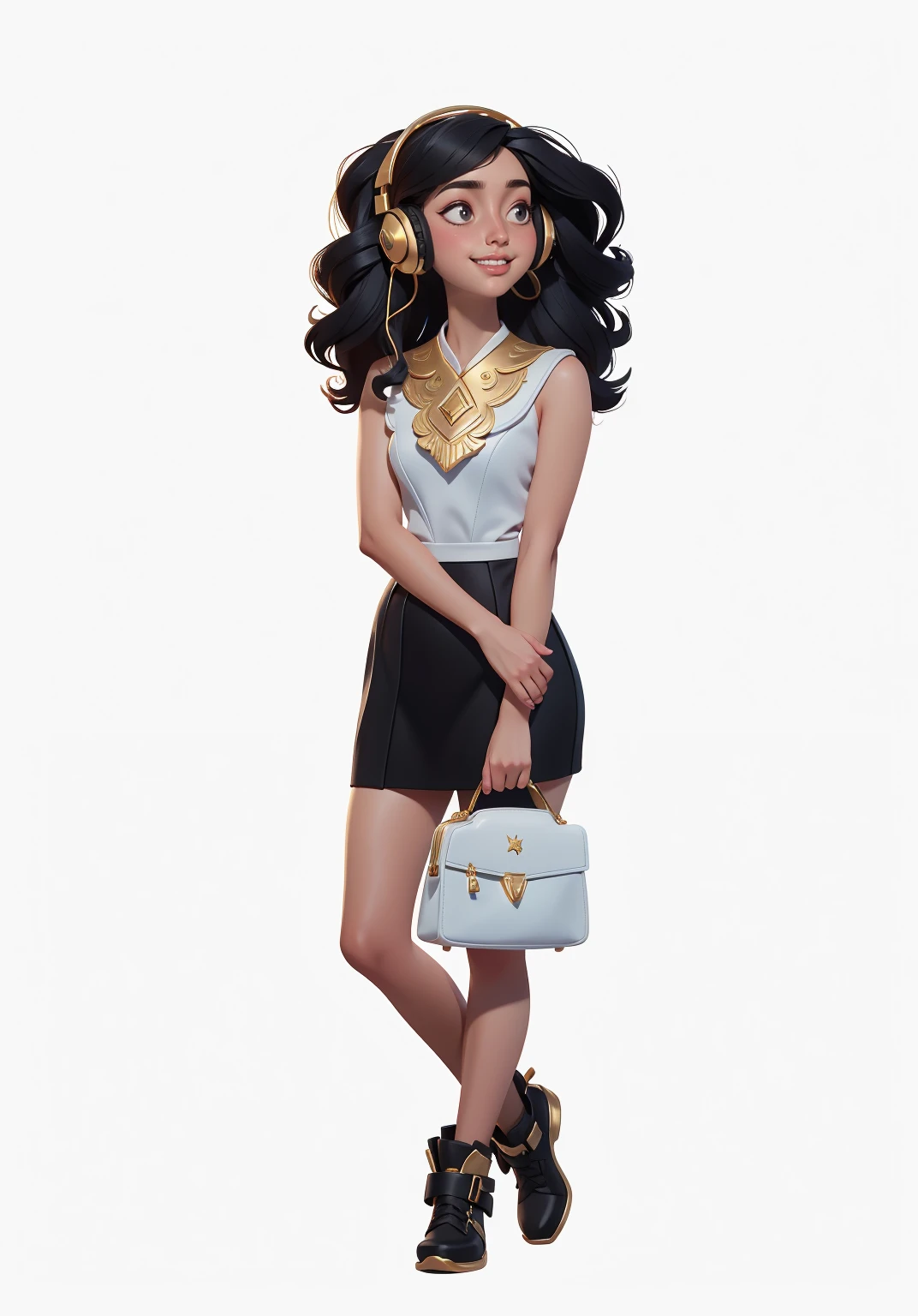 Young woman, ((headphones висят на шее)), afro hairstyle, afro, Black skirt, white mother, white handbag in hand, (headphones),  beautiful textured long flowing hair,  gold decoration, gold earrings, photorealistic, masterpiece,  smiling, perfect faces,  watercolor, Cinematic professional 8K photography with ray tracing, subsurface scattering and illumination, conceptual art, character illustration ,European and American cartoons, I look at the viewer, Красивая Young woman 