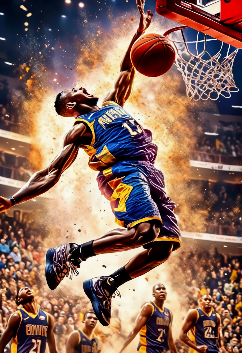 (Game-Winning Dunk, basketball), athlete dynamic pose, perfect lighting, perfect capture of sports moments, delicate texture, vivid colors, vibrant energy, full body, award-winning, cinematic still, emotional, vignette, dynamic, vivid, (masterpiece, best quality, Professional, perfect composition, very aesthetic, absurdres, ultra-detailed, intricate details:1.3)