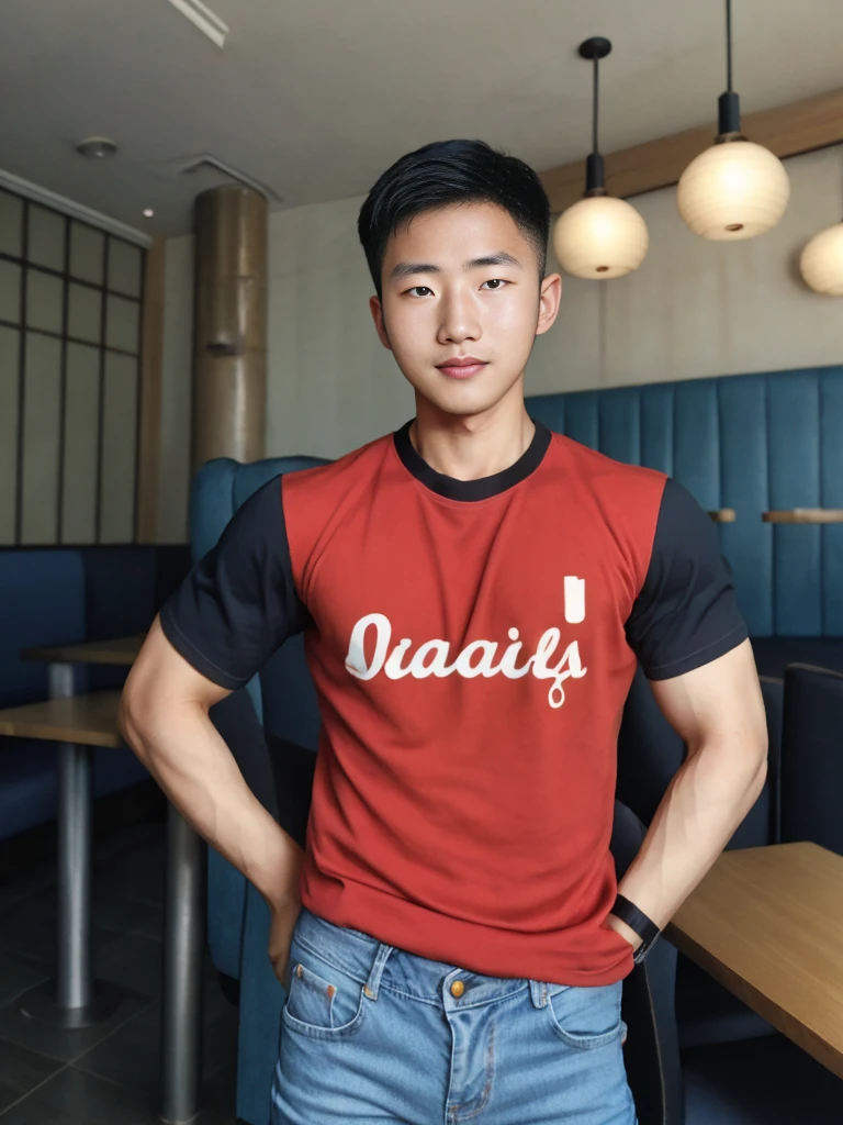 ((realistic daylight)) , Young Korean man in a black sports shirt, no pattern, denim shirt, and jeans., A handsome, muscular young Asian man looks at the camera. In a simple t-shirt blue and red , in the restaurant ,turn sideways