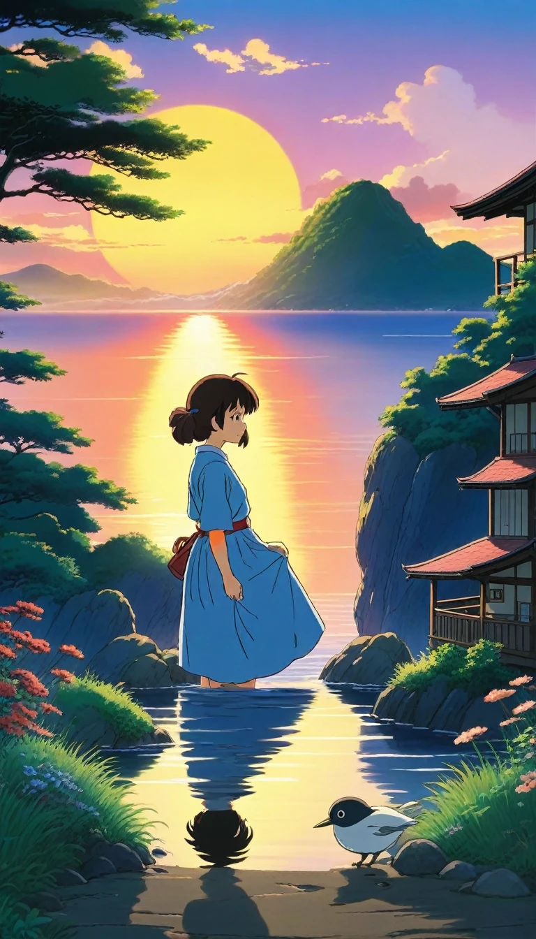 Japanese summer sunset、((Ghibli anime)),