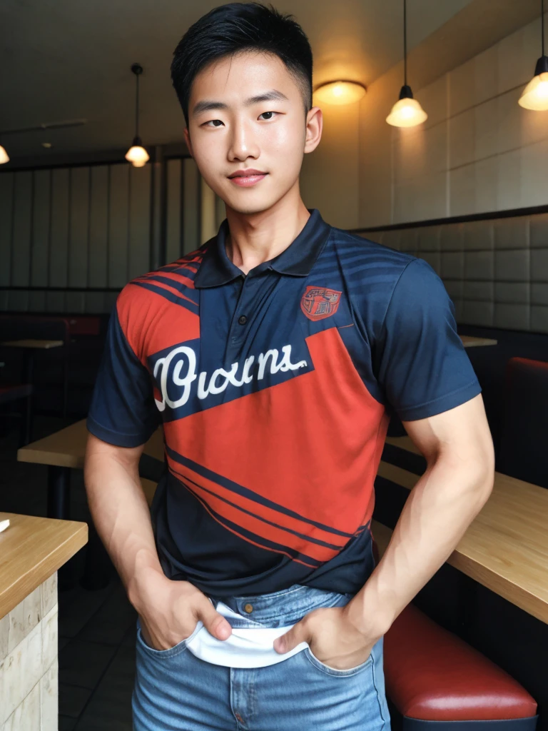 ((realistic daylight)) , Young Korean man in a black sports shirt, no pattern, denim shirt, and jeans., A handsome, muscular young Asian man looks at the camera. In a simple t-shirt blue and red , in the restaurant ,turn sideways