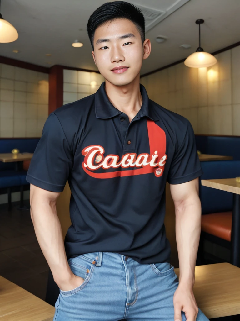 ((realistic daylight)) , Young Korean man in a black sports shirt, no pattern, denim shirt, and jeans., A handsome, muscular young Asian man looks at the camera. In a simple t-shirt blue and red , in the restaurant ,turn sideways