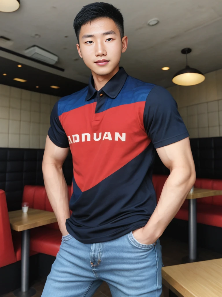 ((realistic daylight)) , Young Korean man in a black sports shirt, no pattern, denim shirt, and jeans., A handsome, muscular young Asian man looks at the camera. In a simple t-shirt blue and red , in the restaurant ,turn sideways