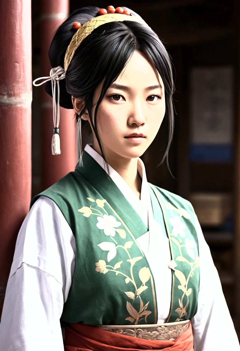 A character in the art style of the anime called "the apothecary diaries" with mao mao. She is a fighter, but wears traditional clothes (2d)