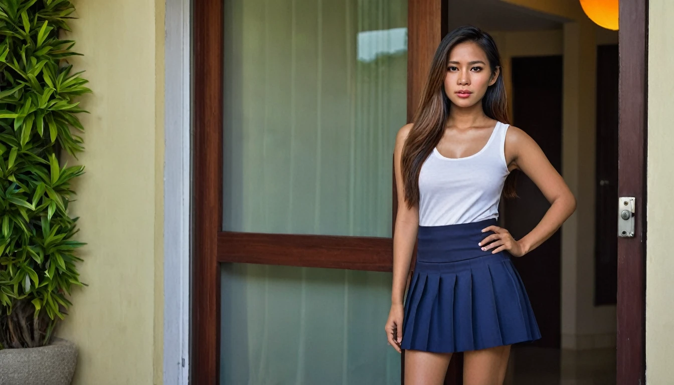 Create a high-detail, photo-realistic image of a 27-year-old Hispanic-Filipina woman with a slender, build and tanned, brown skin. She has long, thick, waist-length hair and a flat nose, captured in a candid, sorrowful pose. She is standing in the doorway of a condo apartment in the Philippines, wearing a casual, small skirt. The setting includes twilight colors in the sky, signaling evening. A carry-on luggage and a male Filipino security guard are subtly visible in the background. The image should focus on rich facial and hair details, utilizing a bokeh effect with a 2.8 aperture depth of field.