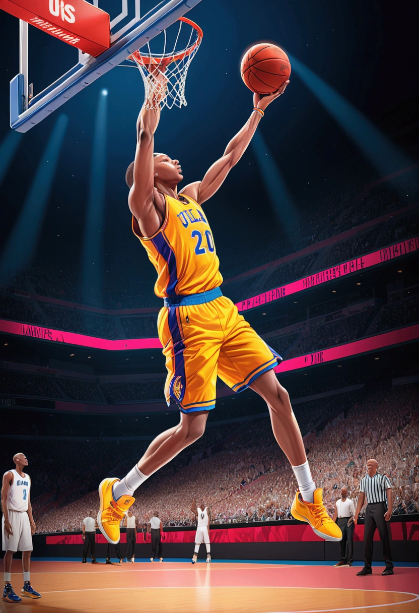 (Game-Winning Dunk, basketball), athlete dynamic pose, perfect lighting, perfect capture of sports moments, delicate texture, vivid colors, vibrant energy, full body, award-winning, cinematic still, emotional, vignette, dynamic, vivid, (masterpiece, best quality, Professional, perfect composition, very aesthetic, absurdres, ultra-detailed, intricate details:1.3)