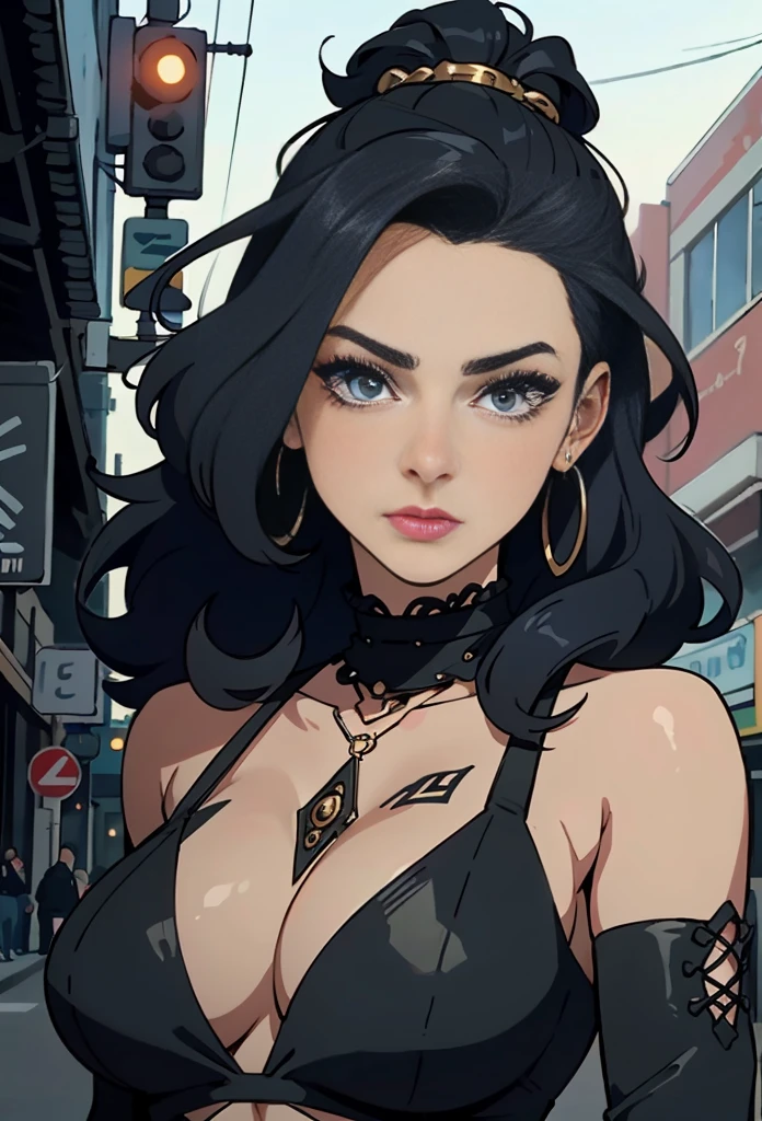 a beautiful woman, detailed eyes, Messy dark hair, during, He is wearing a full black ninja uniform., city at night, front view, blush, Posing, perfect hands, good anatomy, curvy, she has a katana, neon lighting