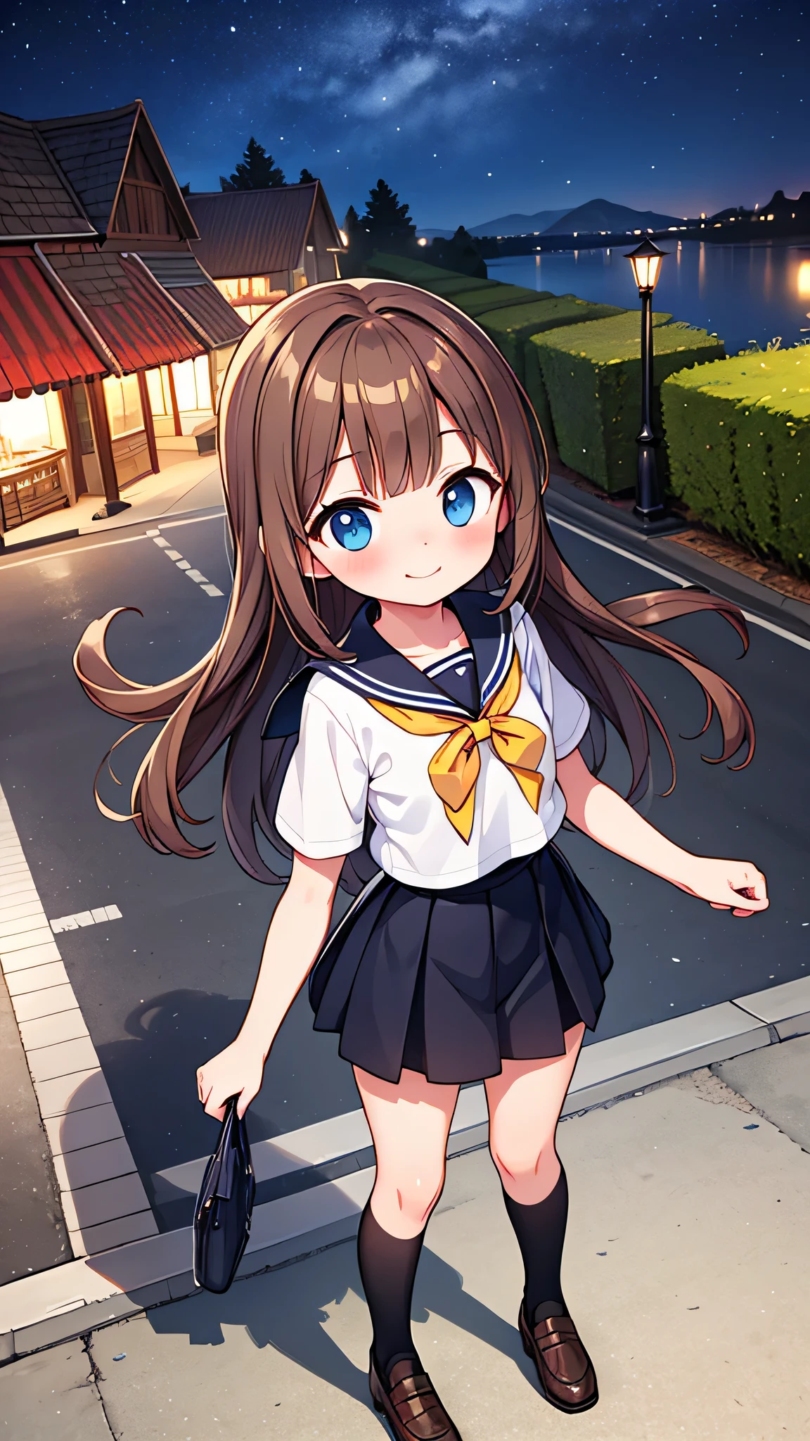 {Highest quality}, {Super beautiful},{Ultra fine},{Best illustration},Brown Hair,Hime cut,semi-long,Bangs,Standing Woman,Sailor suit,Short sleeve,knit cardigan,Long black skirt,Night Park,Embarrassed,smilingly,Blushing,Slender women,Black knee-high socks,Black Loafers,From an angle,From above