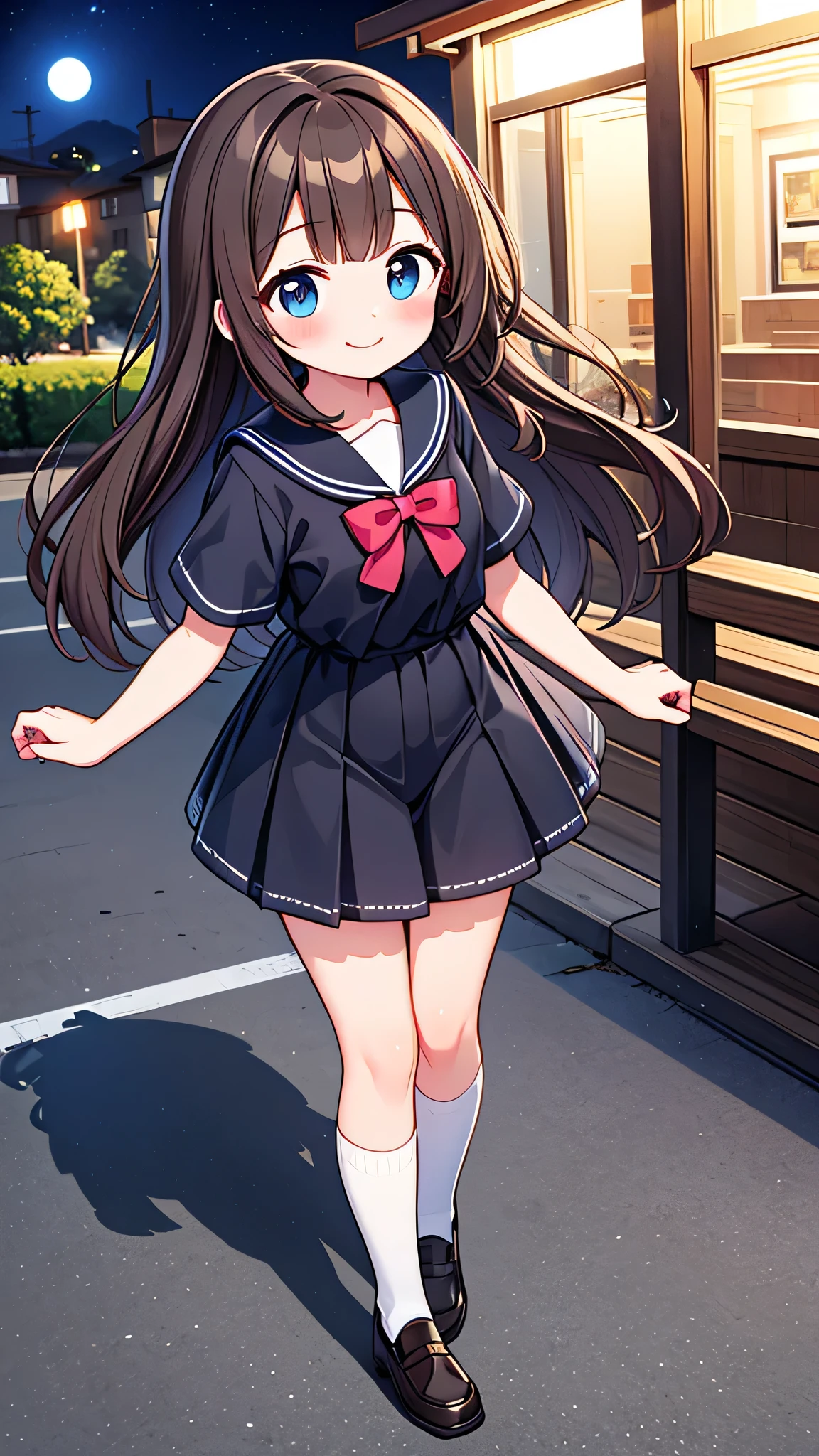 {Highest quality}, {Super beautiful},{Ultra fine},{Best illustration},Brown Hair,Hime cut,semi-long,Bangs,Standing Woman,Sailor suit,Short sleeve,knit cardigan,Long black skirt,Night Park,Embarrassed,smilingly,Blushing,Slender women,Black knee-high socks,Black Loafers,From an angle,From above