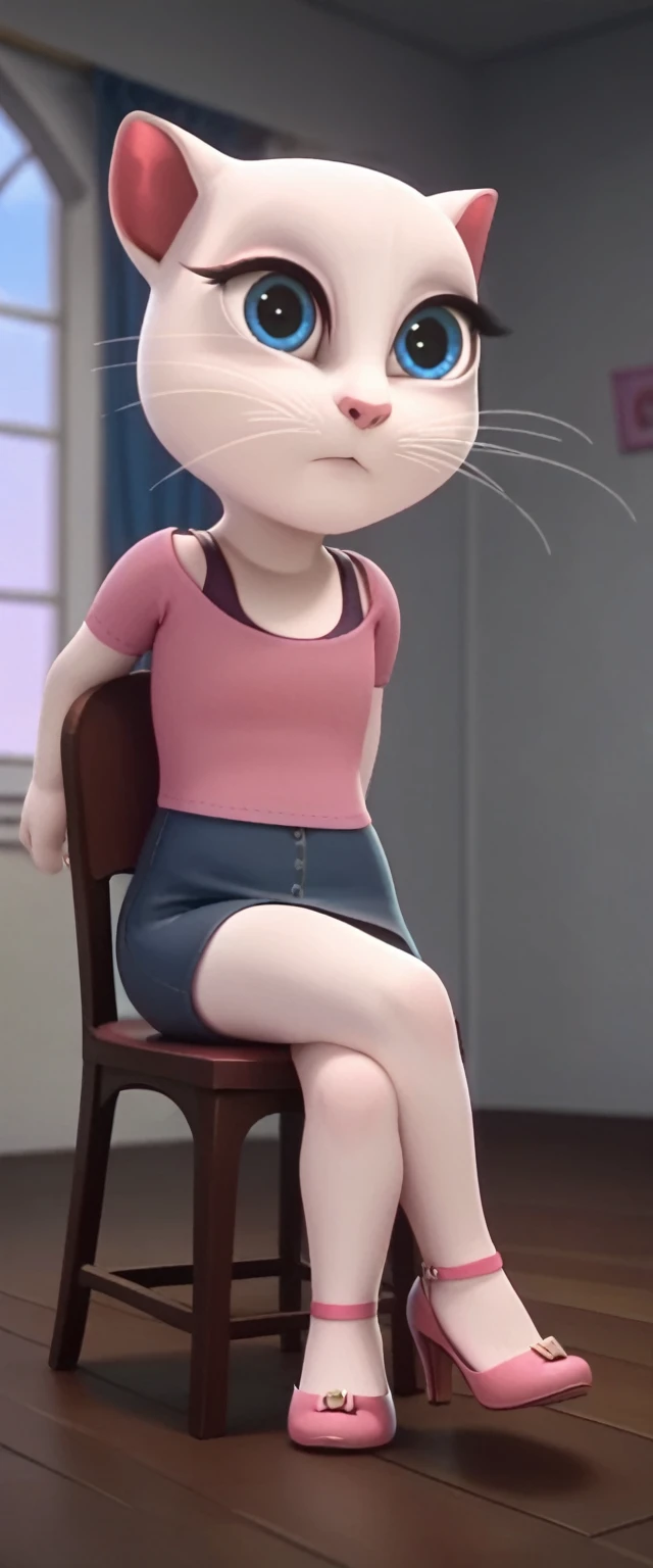 1 girl, cat, white fur, long whiskers on both sides of the face, large bright blue eyes, large black eyelashes, small pink nose, triangular ears with pink channels. There are high heels. Side view legs of woman wearing mini skirt are displayed above her legs on chair. crossed legs