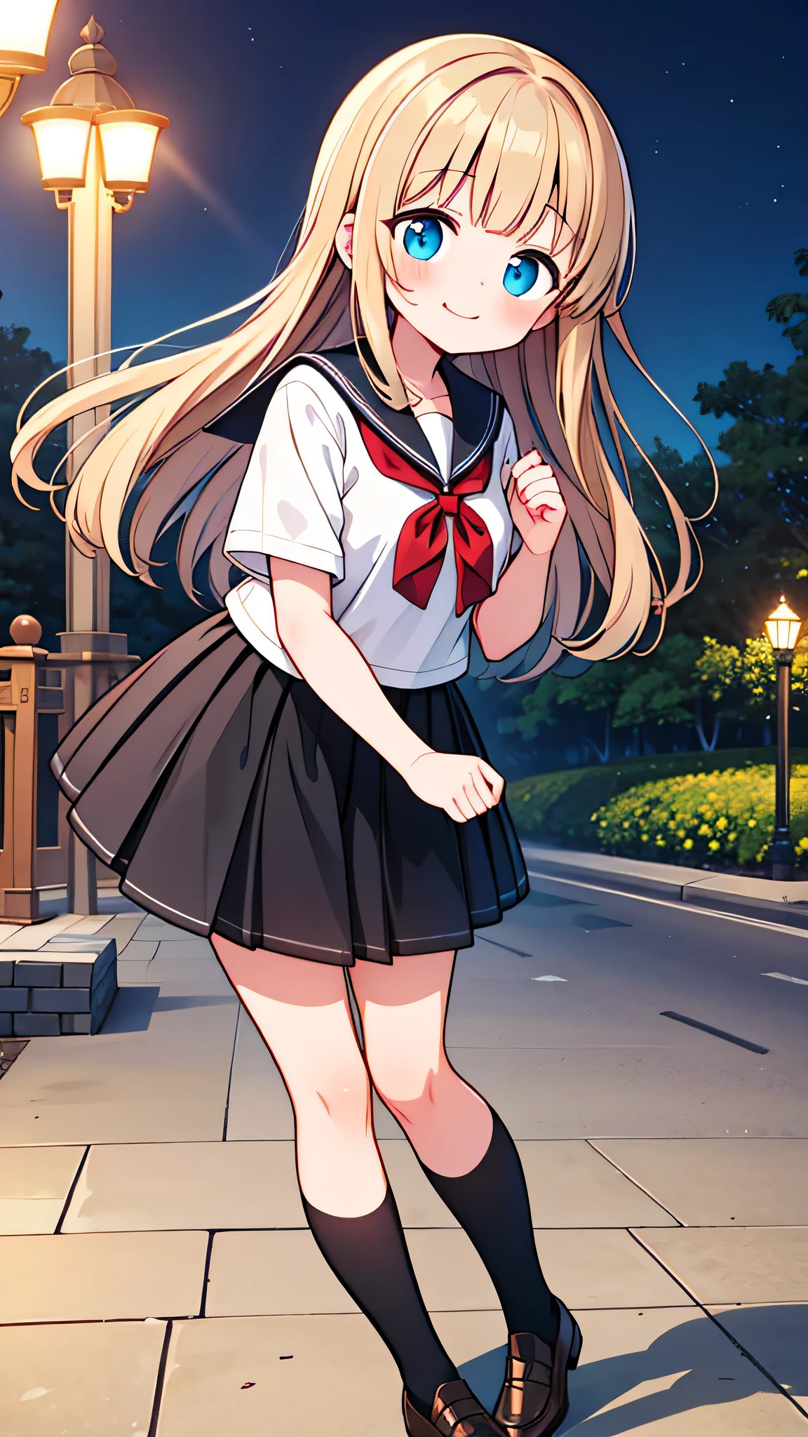 {Highest quality}, {Super beautiful},{Ultra fine},{Best illustration},Brown Hair,Hime cut,semi-long,Bangs,Standing Woman,Sailor suit,Short sleeve,knit cardigan,Long black skirt,Night Park,Embarrassed,smilingly,Blushing,Slender women,Black knee-high socks,Black Loafers,From an angle,From above