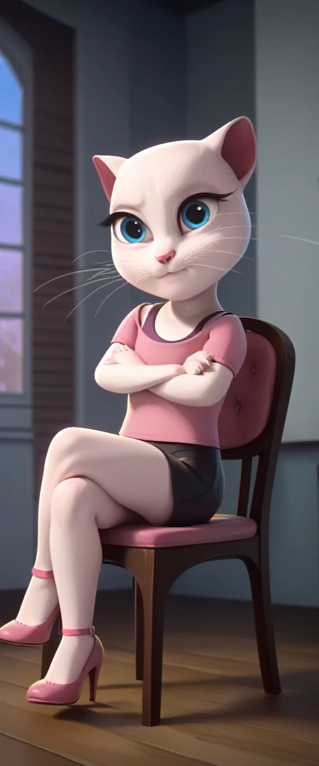 1 girl, cat, white fur, long whiskers on both sides of the face, large bright blue eyes, large black eyelashes, small pink nose, triangular ears with pink channels.      There are high heels.  Side view legs of woman wearing mini skirt are displayed above her legs on chair.  crossed legs