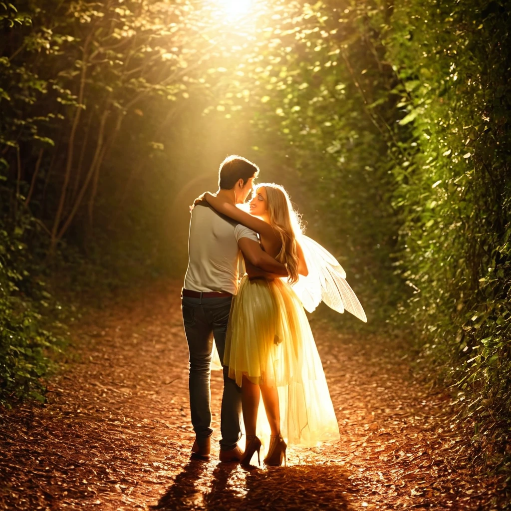 a man hugged tightly from behind the beautiful woman in front of him, they are 25 years old,  romantic atmosphere, The little fairy near them flew away leaving a trail of light behind her, 