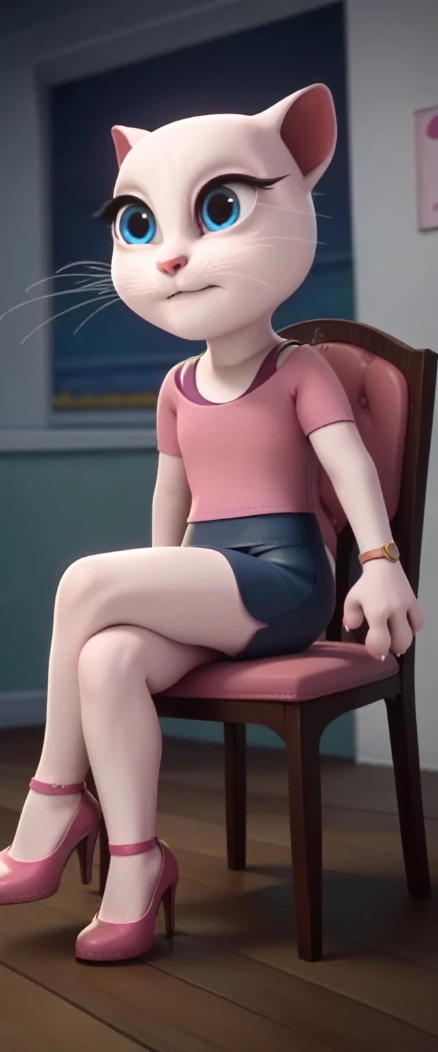 1 girl, cat, white fur, long whiskers on both sides of the face, large bright blue eyes, large black eyelashes, small pink nose, triangular ears with pink channels. There are high heels. Side view legs of woman wearing mini skirt are displayed above her legs on chair. crossed legs