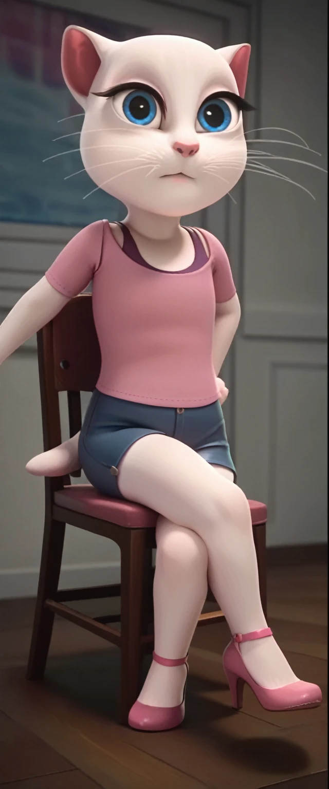 1 girl, cat, white fur, long whiskers on both sides of the face, large bright blue eyes, large black eyelashes, small pink nose, triangular ears with pink channels. There are high heels. Side view legs of woman wearing mini skirt are displayed above her legs on chair. crossed legs
