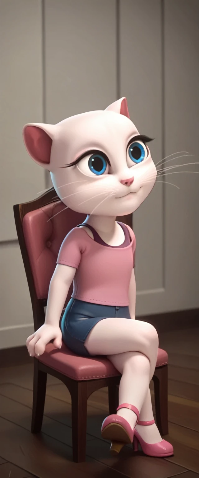 1 girl, cat, white fur, long whiskers on both sides of the face, large bright blue eyes, large black eyelashes, small pink nose, triangular ears with pink channels. There are high heels. Side view legs of woman wearing mini skirt are displayed above her legs on chair. crossed legs