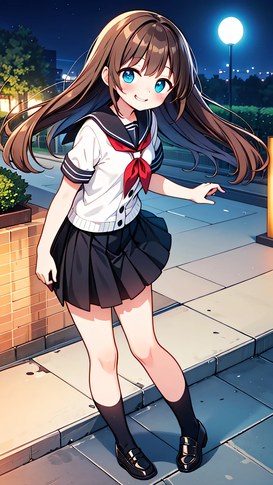 {Highest quality}, {Super beautiful},{Ultra fine},{Best illustration},Brown Hair,Hime cut,semi-long,Bangs,Standing Woman,Sailor suit,Short sleeve,knit cardigan,Long black skirt,Night Park,Embarrassed,smilingly,Blushing,Slender women,Black knee-high socks,Black Loafers,From an angle,From above