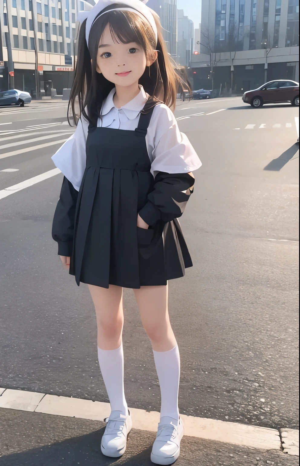 Super cute little loli，16 years old，（shoe），The little girl stood on the ground，from head to foot，Lively Action，Correct human anatomy，（（Black knee socks）），（（White school uniform）），（（白色运动shoe）），（Lively smile），Small face，Clouds float gently，Extremely detailed 3D animations，Reality，Super realistic，Super Detail，Luxury courtyard lighting，octave light，Jewelry，Bell， Black headband，Squinting eyes，