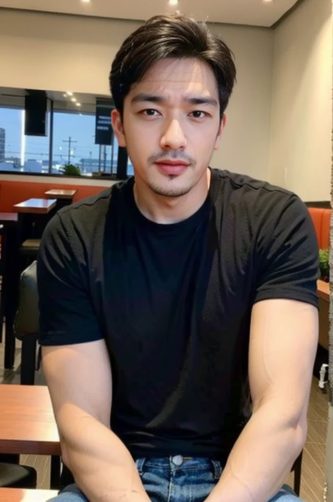 ((realistic daylight)) , Young Korean man in a black sports shirt, no pattern, denim shirt, and jeans., A handsome, muscular young Asian man looks at the camera. In a simple t-shirt blue and red , in the restaurant ,turn sideways