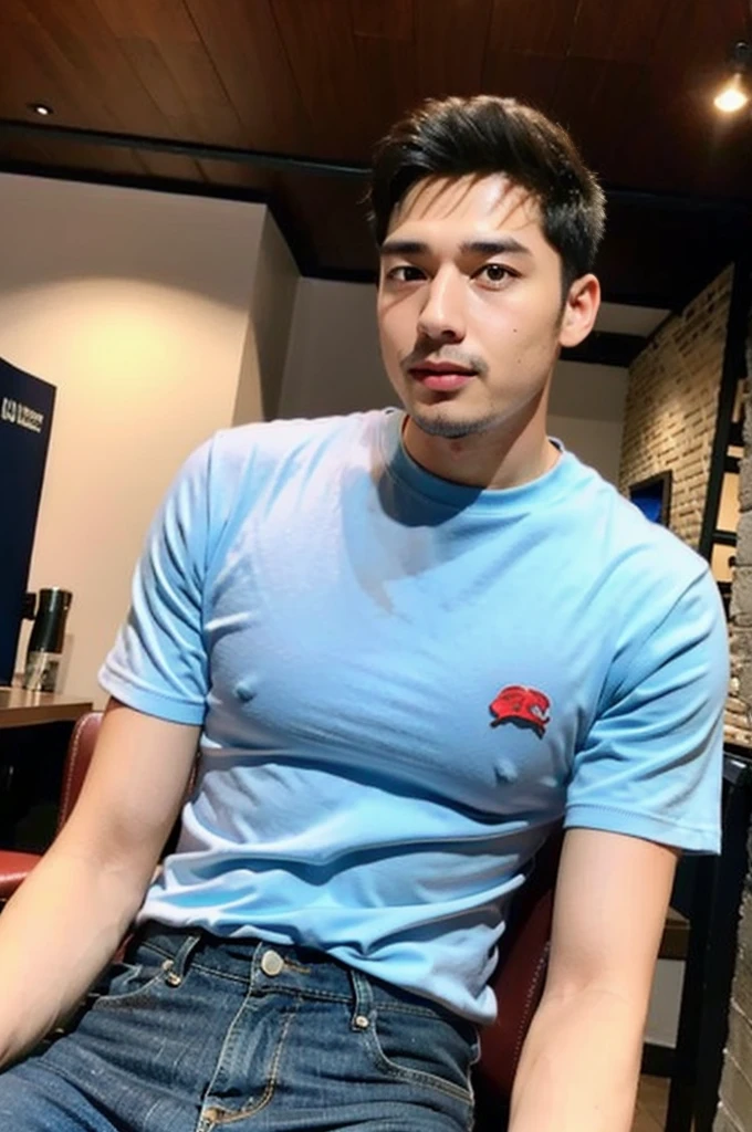((realistic daylight)) , Young Korean man in a black sports shirt, no pattern, denim shirt, and jeans., A handsome, muscular young Asian man looks at the camera. In a simple t-shirt blue and red , in the restaurant ,turn sideways