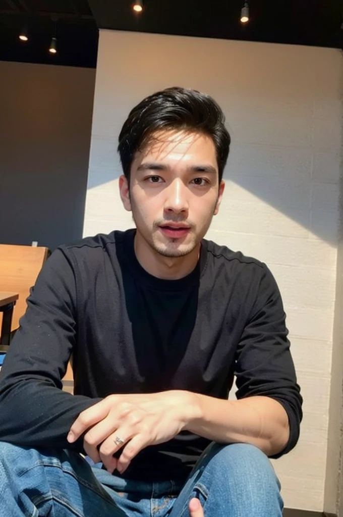 ((realistic daylight)) , Young Korean man in a black sports shirt, no pattern, denim shirt, and jeans., A handsome, muscular young Asian man looks at the camera. In a simple t-shirt blue and red , in the restaurant ,turn sideways