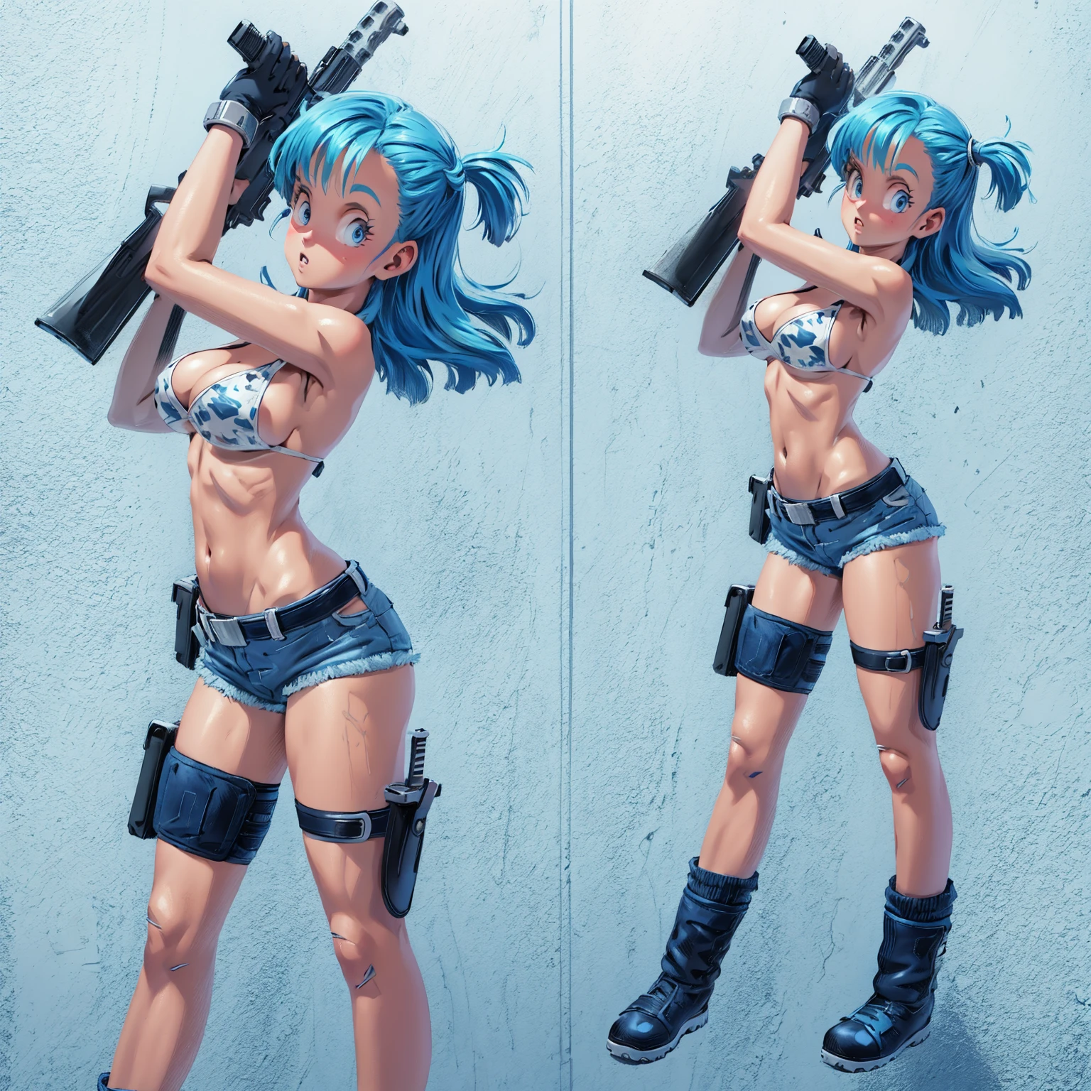 1girl, solo, gun, weapon, shorts, swimsuit, bulma, holster, boots, bikini, blue hair, gloves, , blue eyes, one side up, bikini top only, denim shorts, thigh holster, blue shorts, denim, short shorts, cleavag, medium breasts, handgu body, long hair, midriff, belt, thigh strap