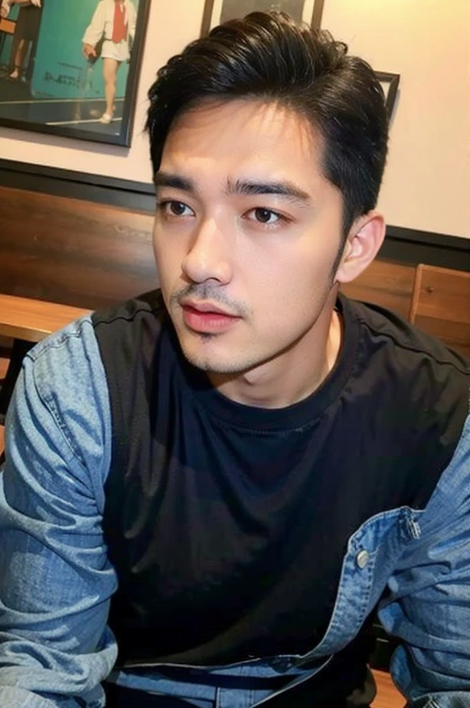 ((realistic daylight)) , Young Korean man in a black sports shirt, no pattern, denim shirt, and jeans., A handsome, muscular young Asian man looks at the camera. In a simple t-shirt blue and red , in the restaurant ,turn sideways