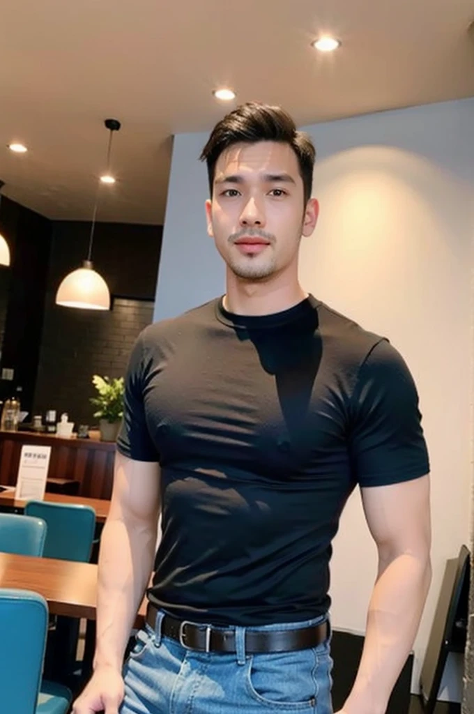 ((realistic daylight)) , Young Korean man in a black sports shirt, no pattern, denim shirt, and jeans., A handsome, muscular young Asian man looks at the camera. In a simple t-shirt blue and red , in the restaurant ,turn sideways