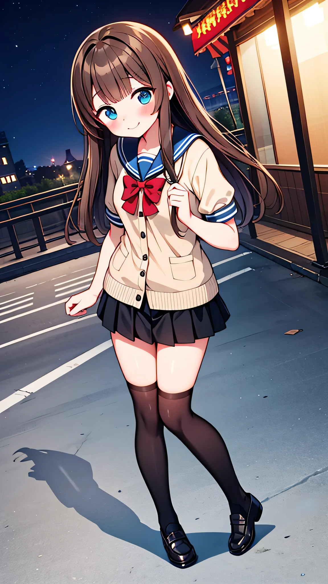 {Highest quality}, {Super beautiful},{Ultra fine},{Best illustration},Brown Hair,Hime cut,semi-long,Bangs,Standing Woman,Sailor suit,Short sleeve,knit cardigan,Long black skirt,Night Park,Embarrassed,smilingly,Blushing,Slender women,Black knee-high socks,Black Loafers,From an angle,From above