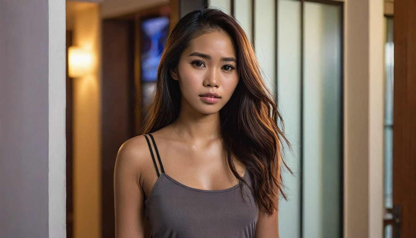 Illustrate a photo-realistic image of a slender,  Hispanic-Filipina woman, 27 years old, with sorrow etched on her average-looking features. She has long, waist-length thick hair and tanned brown skin, standing in a condo doorway in the Philippines. She sports a small, casual skirt. The background features twilight hues and includes elements like carry-on luggage and a male Filipino security guard, captured with a photographic quality and bokeh effect using a 2.8 aperture depth of field. The image should vividly capture her facial expressions and hair details in a medium shot composition.