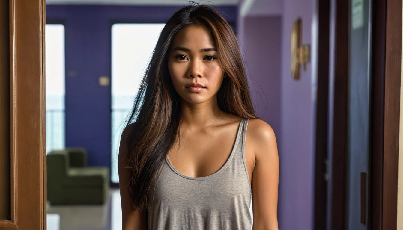 Illustrate a photo-realistic image of a slender, Hispanic-Filipina woman, 27 years old, with sorrow etched on her average-looking features. She has long, waist-length thick hair and tanned brown skin, standing in a condo doorway in the Philippines. She sports a small, casual skirt. The background features twilight hues and includes elements like carry-on luggage and a male Filipino security guard, captured with a photographic quality and bokeh effect using a 2.8 aperture depth of field. The image should vividly capture her facial expressions and hair details in a medium shot composition.