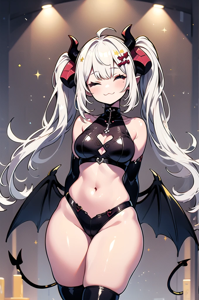 work of art,best qualityer,light particles,1 girl,(standing alone),demon horns,twintails,hair with highlights,May,shiny May,cups,demon wings,breasts big,Broad Hips,thick-thighs,:3,one eye closed,(he finished),arms behind the back,cowboy shot