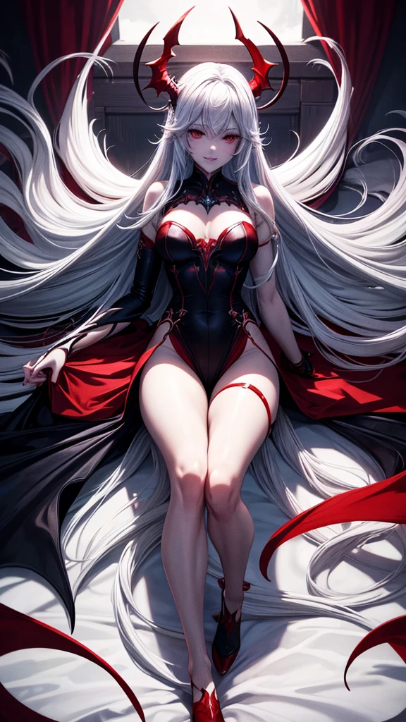 (Unity 8K CG wallpaper with extreme details, work of art, highest quallity),Fantasia batman,white color with red,Woman, feminine,long  hair,elegant bed, enhanced details,legs spread apart, sinister grin.